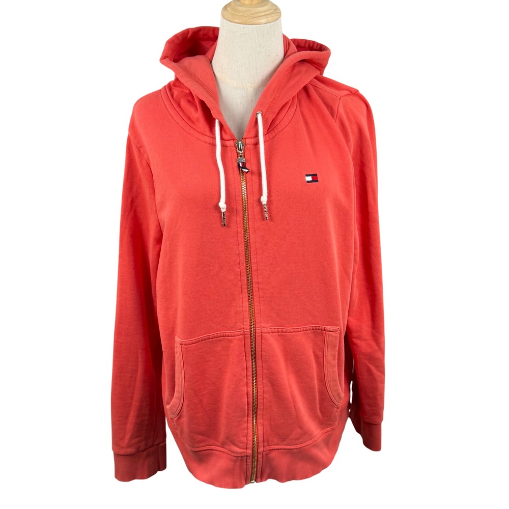Tommy Hilfiger XL Full Zip French Terry Hoodie Coral Retro Sporty Athleisure GUC